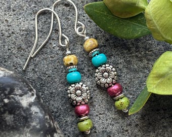 Flower Boho Earrings | Small Beaded Stack Earrings | Colorful Pastel Dangle Earrings | Silver Drop Earrings | Hippie Earrings | Gift For Her