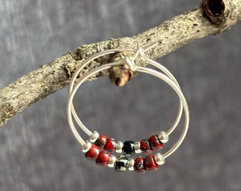 Tiny Sterling Silver Hoops | Small Silver Hoop Earrings | Red Black Beaded Hoops | Minimalist Earrings | Boho Earrings | Gift For Her