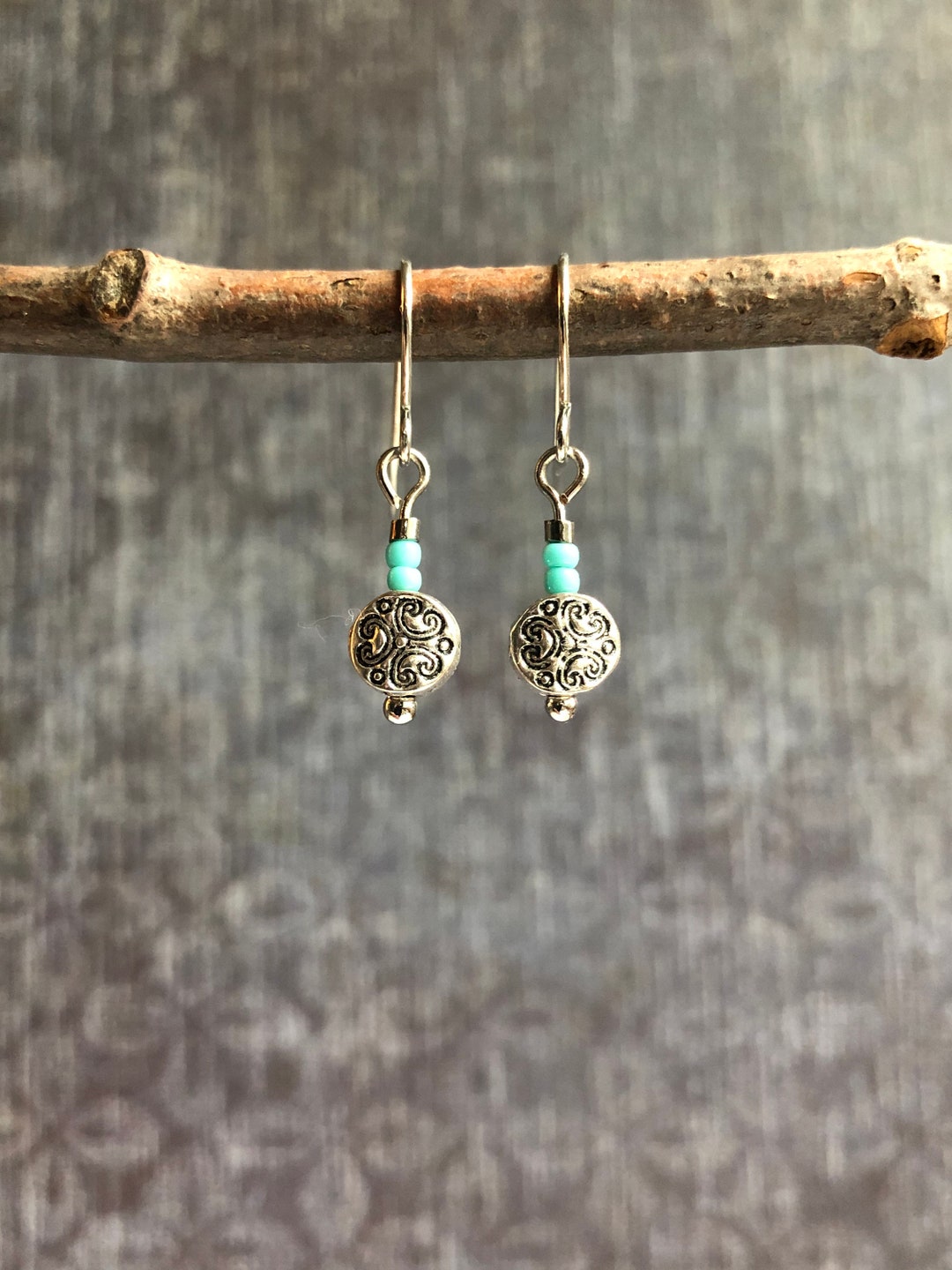 Tiny Turquoise and Silver Earrings / Small Turquoise Dangle Earrings / Little Aztec Earrings