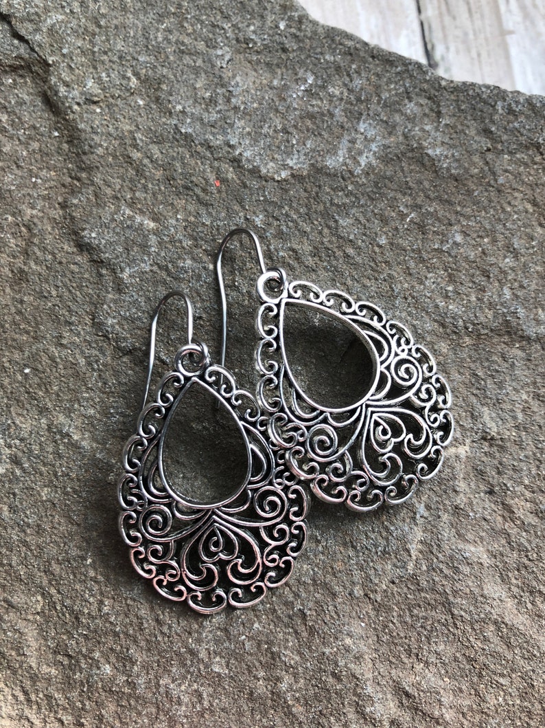 Silver Boho Earrings / Filigree Dangle Earrings / Large Boho Earrings / Bohemian Earrings / Statement Earrings / Gift for Her image 3