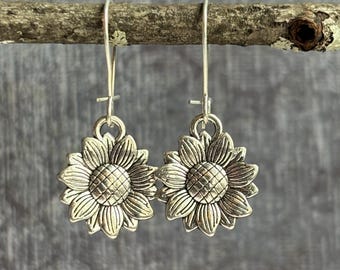 Silver Sunflower Earrings / Flower Dangle Earrings / Small Flower Drop Earrings / Boho Earrings / Flower Jewelry / Gift For Her