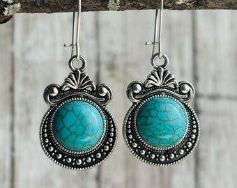 Boho Westen Faux Turquoise Silver Dangle Earrings / Southwest Aztec Blue Drop Earrings / Boho Western Jewelry / Gift For Her