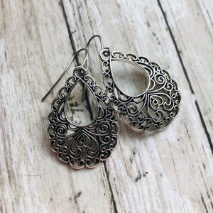 Silver Boho Earrings / Filigree Dangle Earrings / Large Boho Earrings / Bohemian Earrings / Statement Earrings / Gift for Her image 2