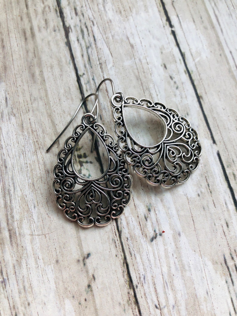 Silver Boho Earrings / Filigree Dangle Earrings / Large Boho Earrings / Bohemian Earrings / Statement Earrings / Gift for Her image 2