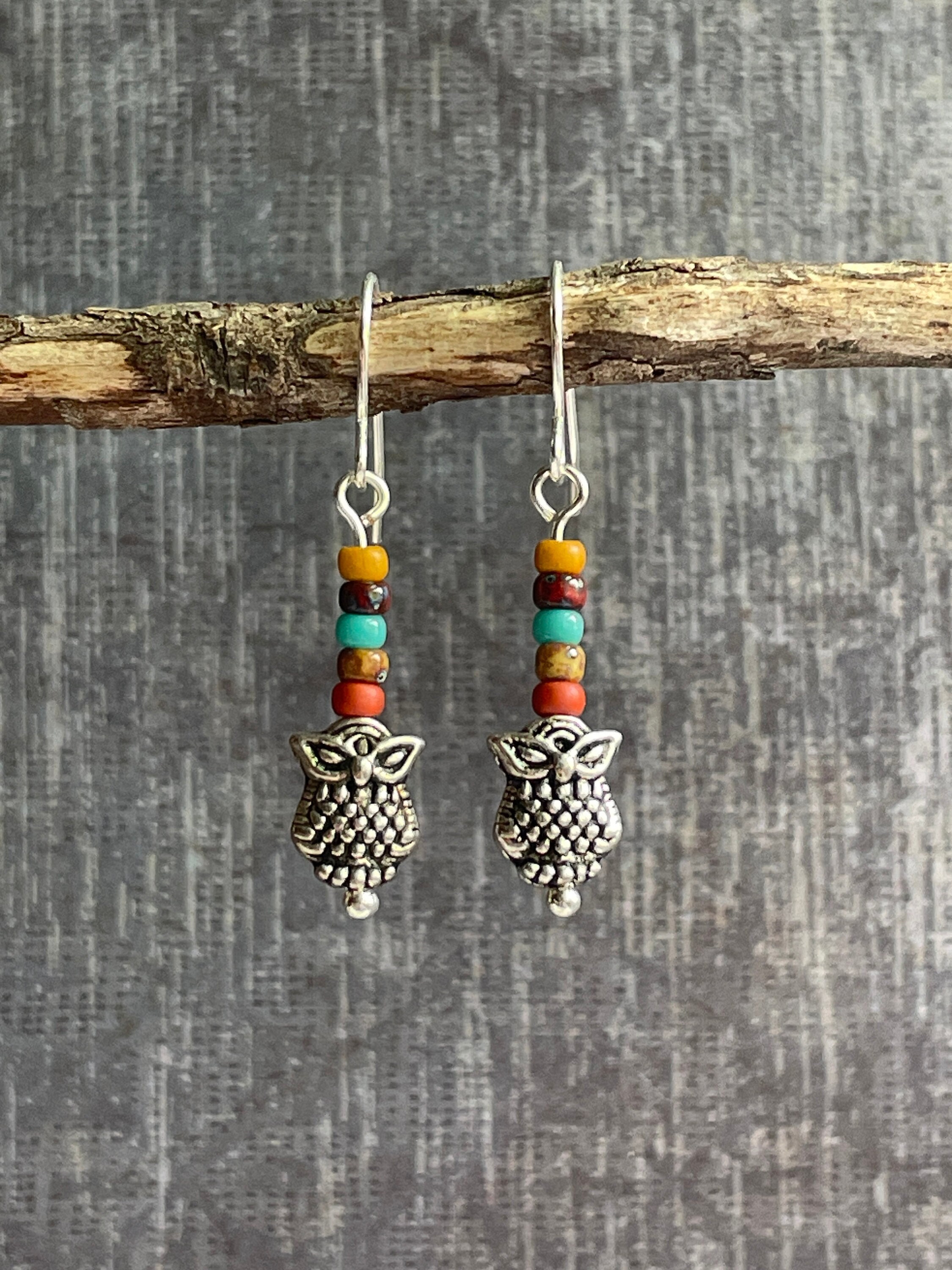 Tiny Owl Earrings / Beaded Owl Dangle Earrings / Small Silver Earrings / Fall Earrings / Dainty Owl