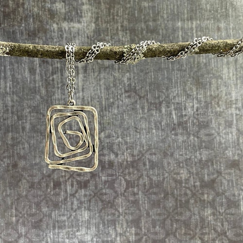 Silver Boho Necklace / Square Pendant Necklace / Geometric Necklace / Rustic Silver Necklace / Hammered Silver Necklace / Bohemian Jewelry