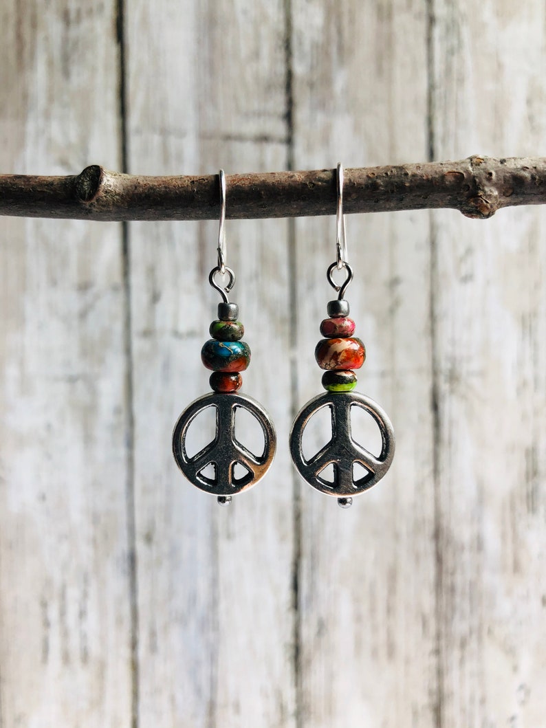 Peace Sign Earrings / Stone Dangle Earrings / Peace Earrings / Etsy