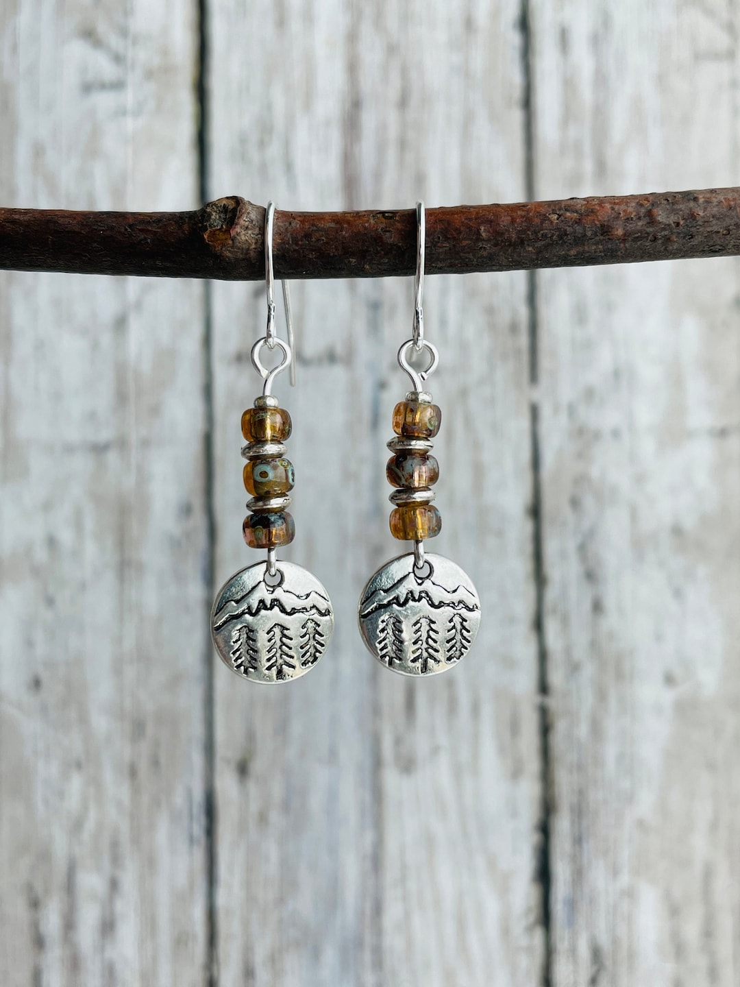 Rustic Silver Forest Earrings / Amber and Silver Dangle Earrings / Boho