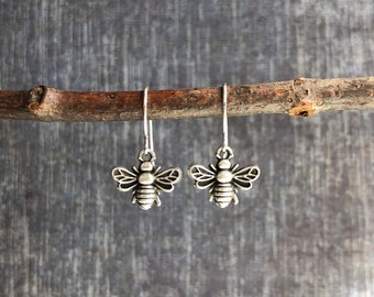 Tiny Silver Bee Earrings / Small Bee Dangle Earrings / Nature Earrings / Bee Jewelry / Insect Earrings / Minimalist Earrings