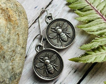 Silver Bee Earrings / Bee Dangle Earrings / Small Bee Drop Earrings / Boho Earrings / Bee Jewelry / Nature Lover Gift