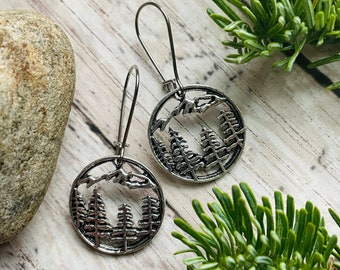 Forest Dangle Earrings / Rustic Pine Tree Earrings / Mountain Earrings / Nature Lover Earrings / Hiker Gift