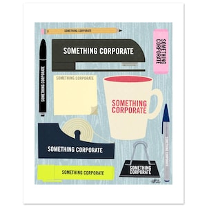 May include: Illustration of office supplies including a stapler, pencil, eraser, sticky notes, tape dispenser, coffee mug, binder clip, pen, and highlighter. Each item has the text "SOMETHING CORPORATE".