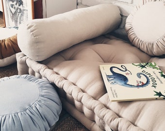 French style floor cushion, window seat, linen pillow for children&#39;s room, bench cushion - natural linen
