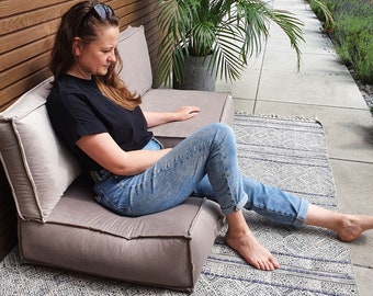 Floor Cushion and Backrest, Floor Sofa, Moroccan Kilim Pouf, Vintage Moroccan Ottoman, Rug Pouf, Outdoor Kilim Poufs - IVORY