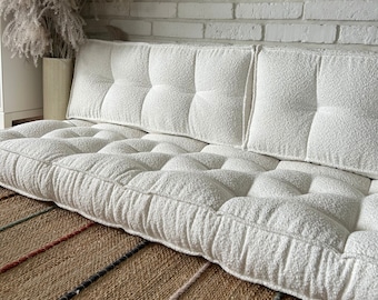 Bodensofa, weißes Bodensofa, BOUCLE-Bodenkissen und Rückenlehne