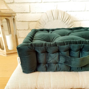 Green velvet pouffe, square seat cushion, French style floor cushion, chair cushion