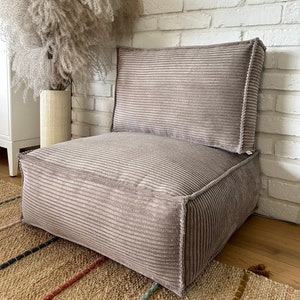 Beige floor seat cushion with backrest, corduroy seat, ottoman pouffe, meditation cushion, floor pouffe, Wabi Sabi