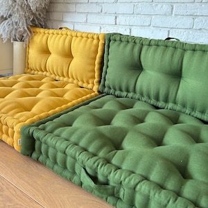 Green linen floor cushion, many colors and sizes. Custom size, linen French cushion