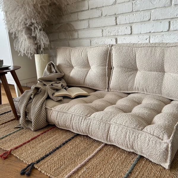 French boucle floor cushion, Floor sofa: seat with backrest, bench cushion, Custom size cushion, French mat - BOUCLE