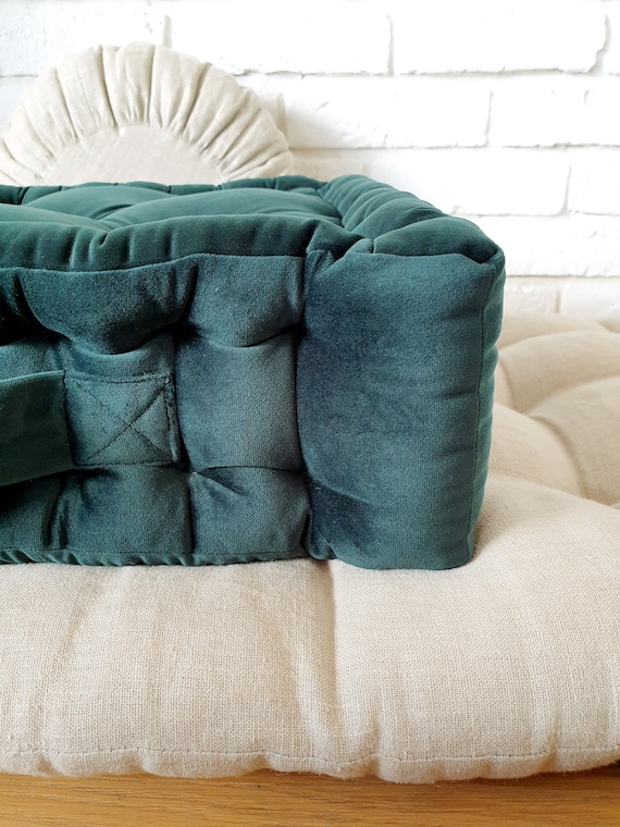 vintage floor cushion　グリーンベージュ Green Velvet Pouffe, Square Seat Cushion, French Style Floor