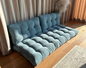 Bodensofa im Japandi-Stil, Cord-Bodenkissen mit Rückenlehne für das Wohnzimmer