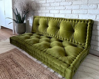 Grand canapé de sol, canapé français, coussin de banquette personnalisé, coussin d'assise de fenêtre, canapé de sol et dossier VERT