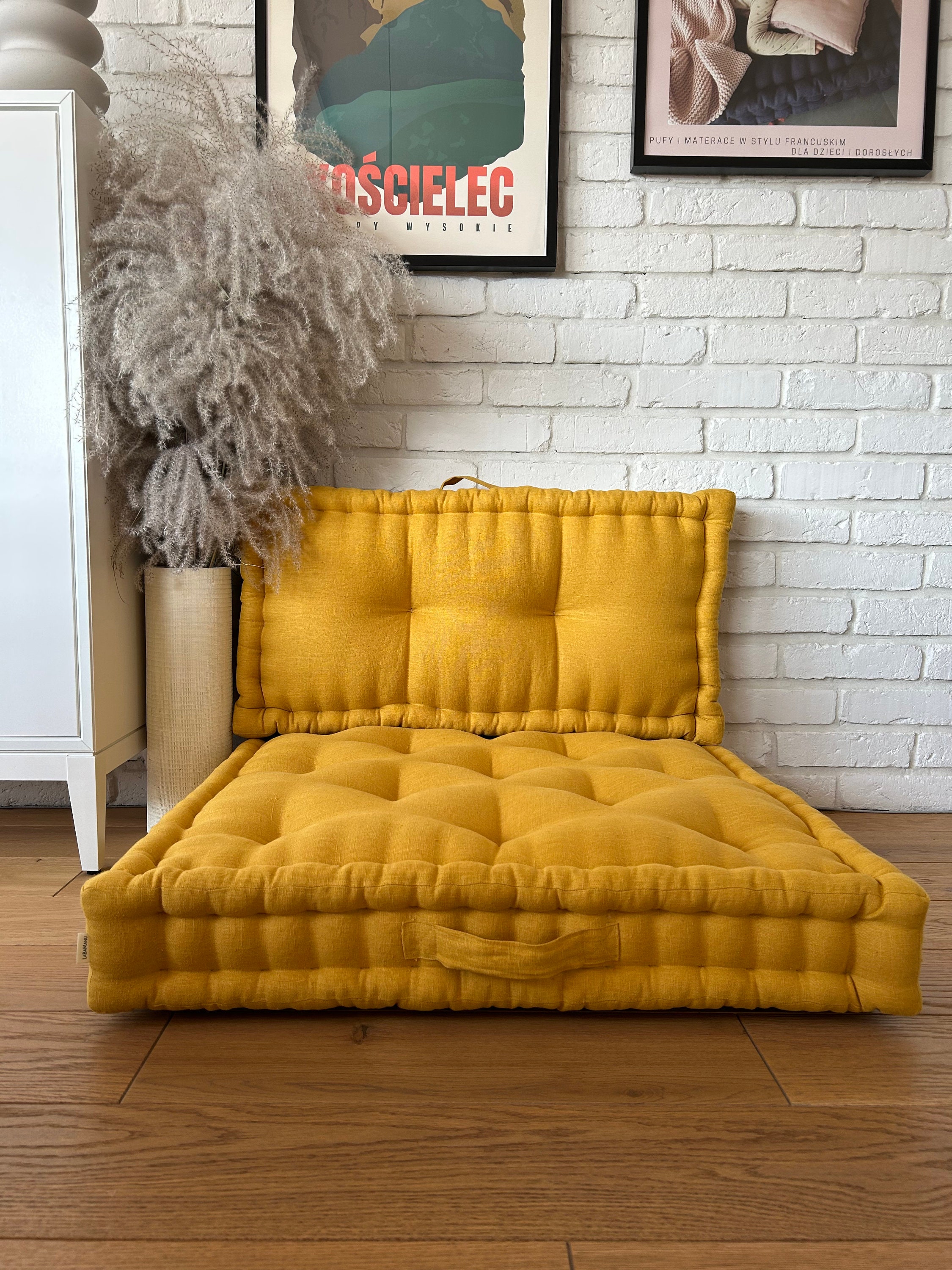 vintage floor cushion グリーンベージュ Green Linen Floor Cushion