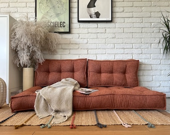 Bodensofa-Bouclé: Sitz mit Rückenlehne, Kissen in Sondergröße, großes und kleines Bodenkissen, französische Bodenmatte