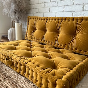 Coussin de sol en velours moutarde, différentes couleurs et taille personnalisée, oreiller Français, coussin de banc personnalisé image 2