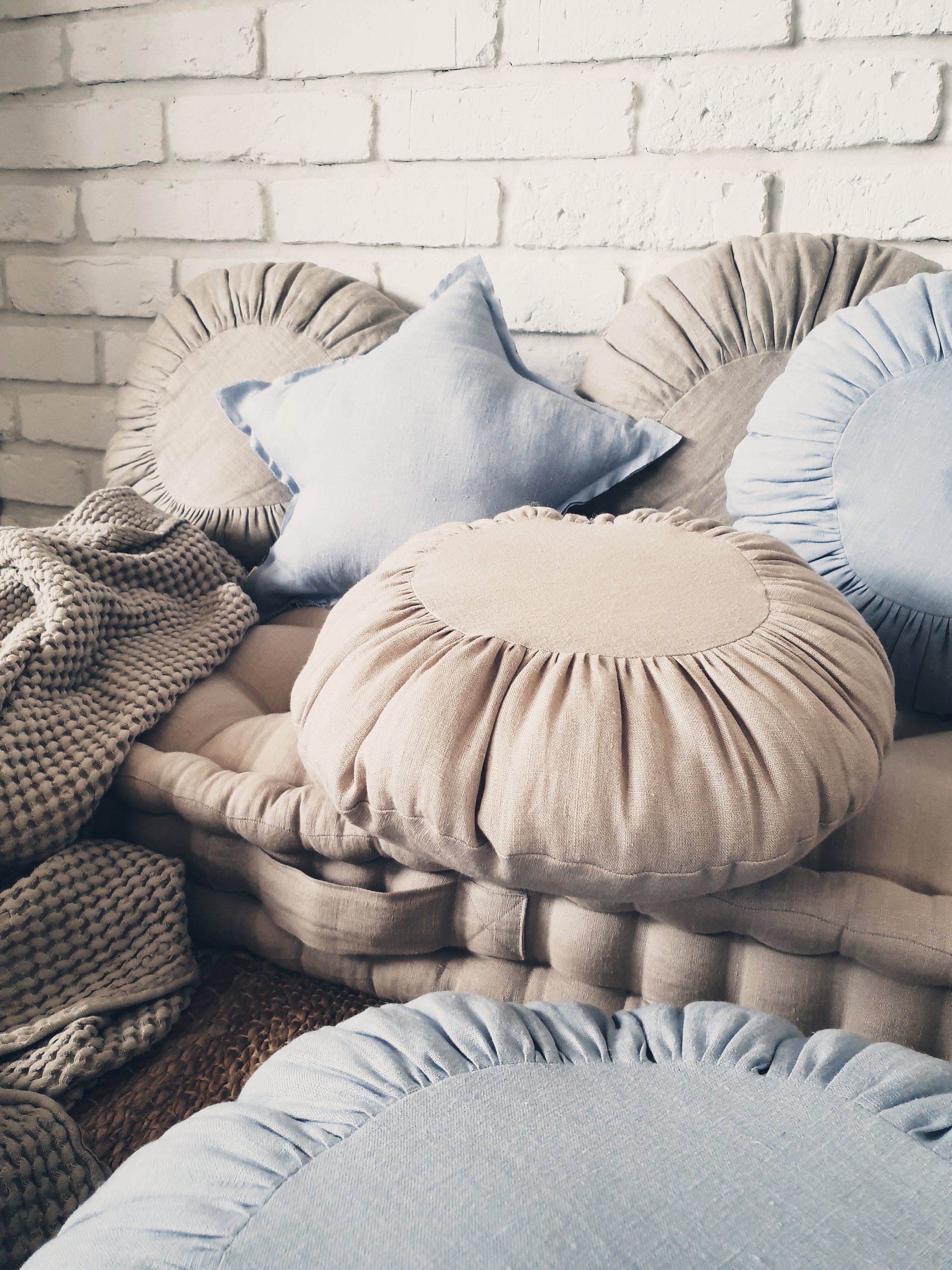Round pillow SAND , Linen pillow, Stone washed, soft, handmade pillow - SAND, BEIGE