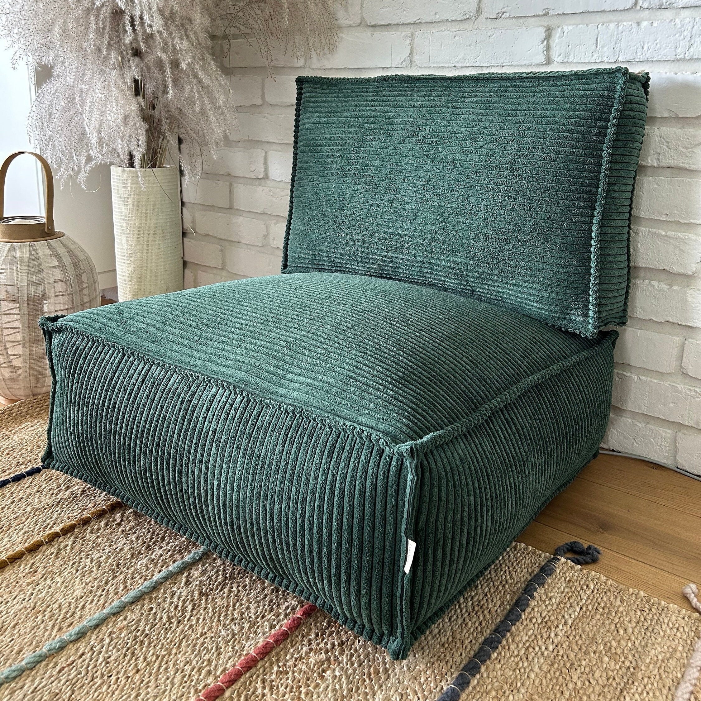 vintage floor cushion　グリーンベージュ Floor Pillow Seating and Backrest, Corduroy Seat Cushion, Green
