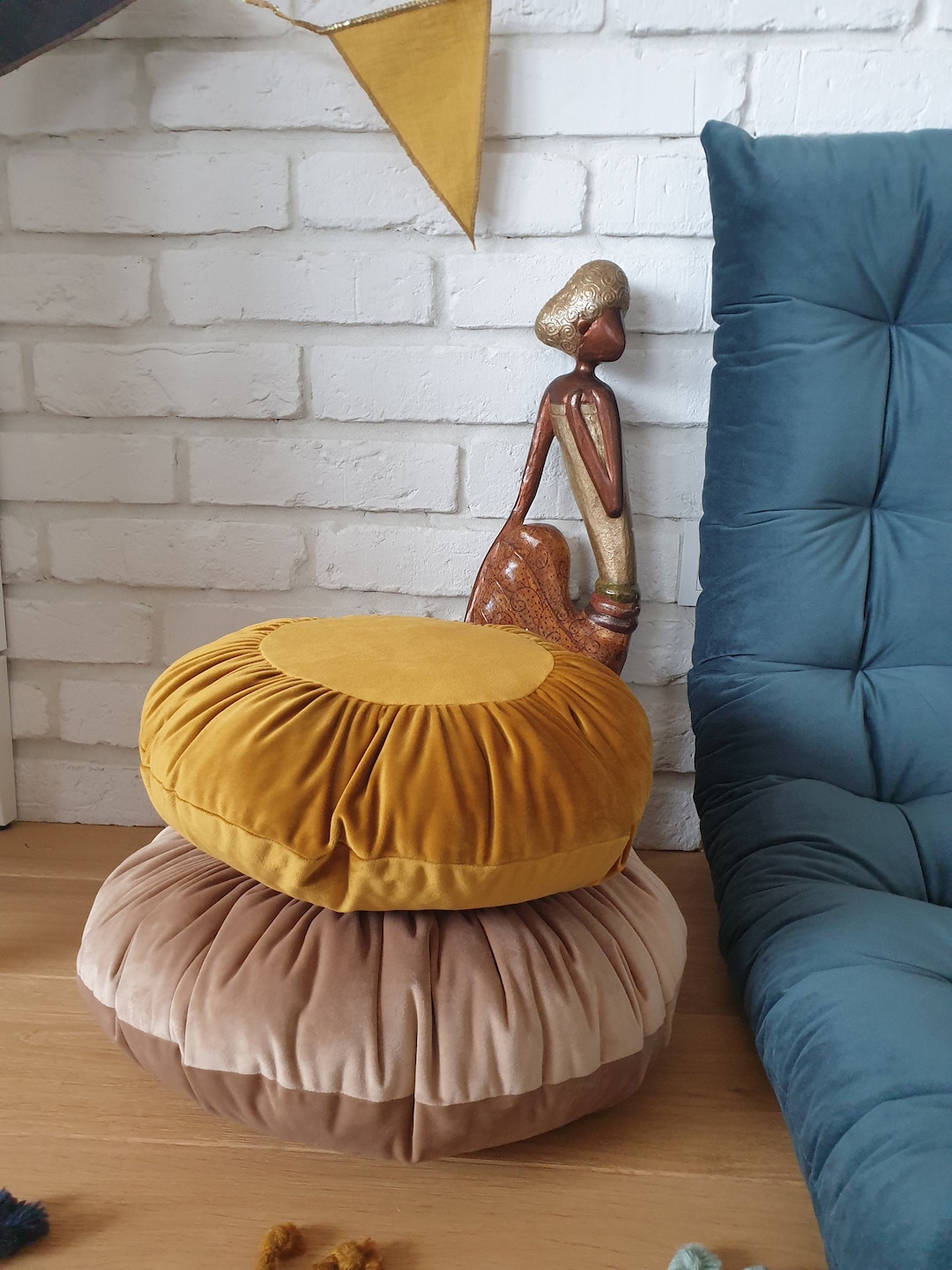 Round Velvet Pillow OCHER Round Cushion GOLD OCHER