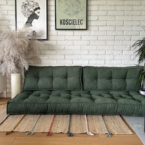 Floor cushion with green backrest, many colors and sizes. Custom size, French pillow made of boucle fabric