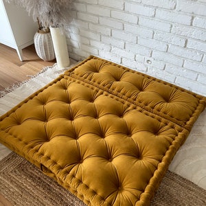 Coussin de sol en velours moutarde, différentes couleurs et taille personnalisée, oreiller Français, coussin de banc personnalisé image 3