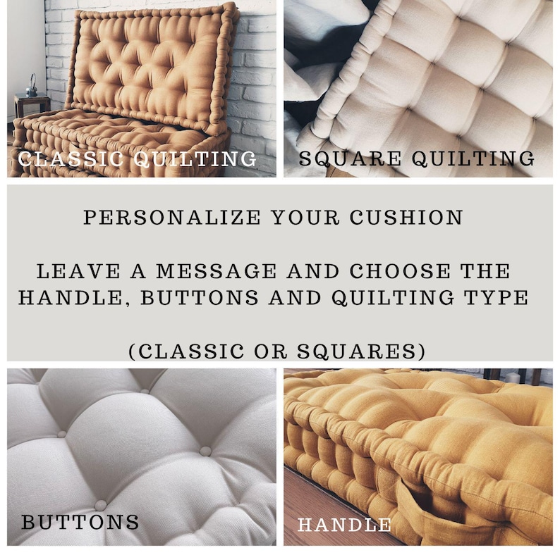 Peut inclure: Gros plan sur un coussin beige et brun avec diff&eacute;rents styles de matelassage. Le coussin a une poign&eacute;e et des boutons. Le texte "PERSONNALISEZ VOTRE COUSSIN" est affich&eacute; au-dessus du coussin. Le texte "LAISSEZ UN MESSAGE ET CHOISISSEZ LA POIGN&Eacute;E, LES BOUTONS ET LE TYPE DE MATELASSAGE (CLASSIQUE OU CARR&Eacute;S)" est affich&eacute; sous le coussin.