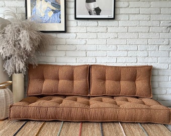 French boucle floor cushion, Floor sofa: seat with backrest, bench cushion, Custom size  cushion, Caramel floor seat cushion