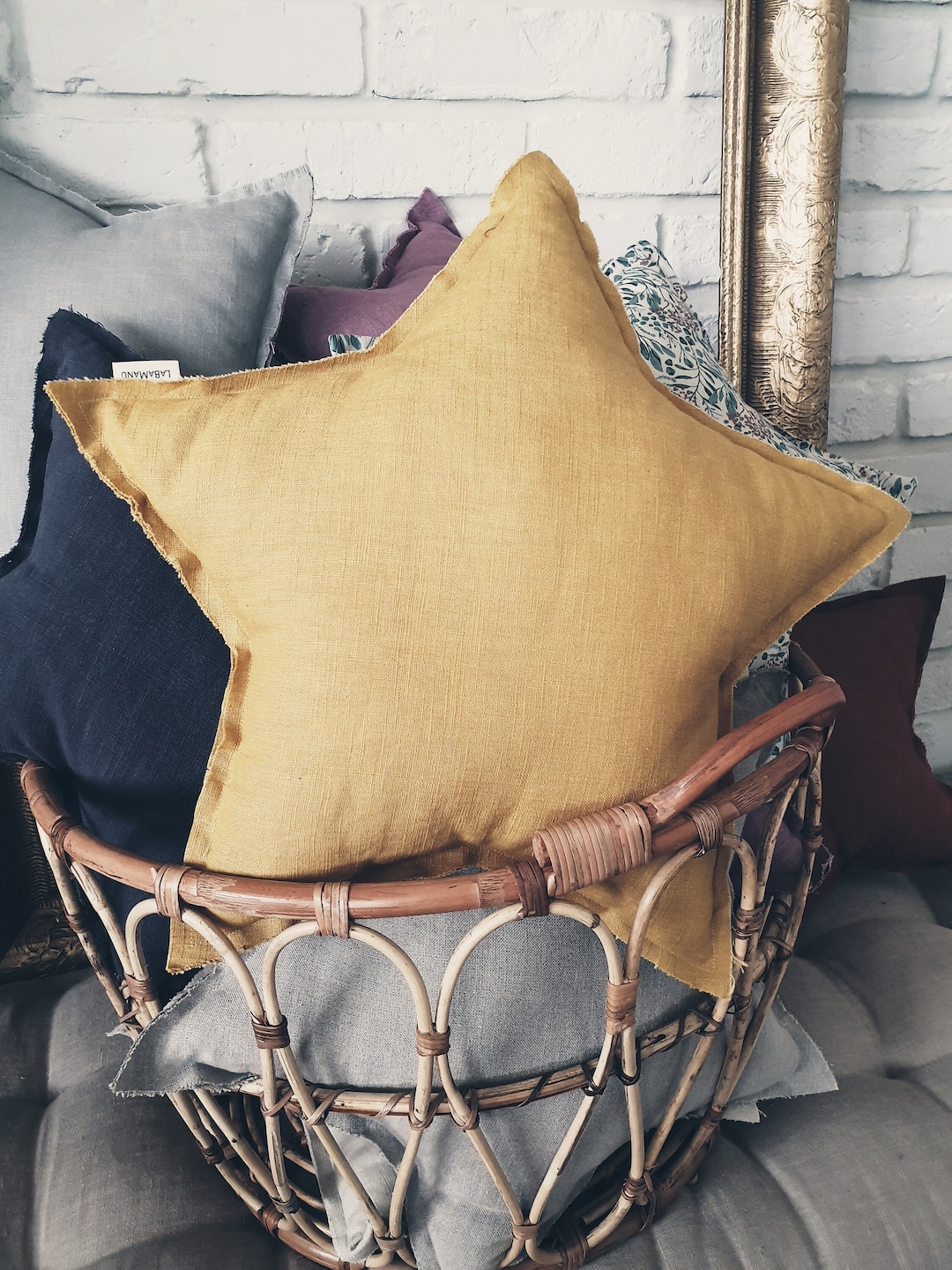 Yellow Star Pillow Decorative Pillow Linen Pillow OCHRA Etsy