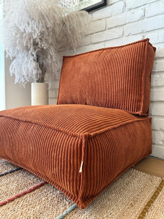 Beiges Bodensitzkissen mit Rückenlehne, Cordsitz, Ottoman-Pouf, Meditationskissen, Boden-Pouf, Wabi Sabi