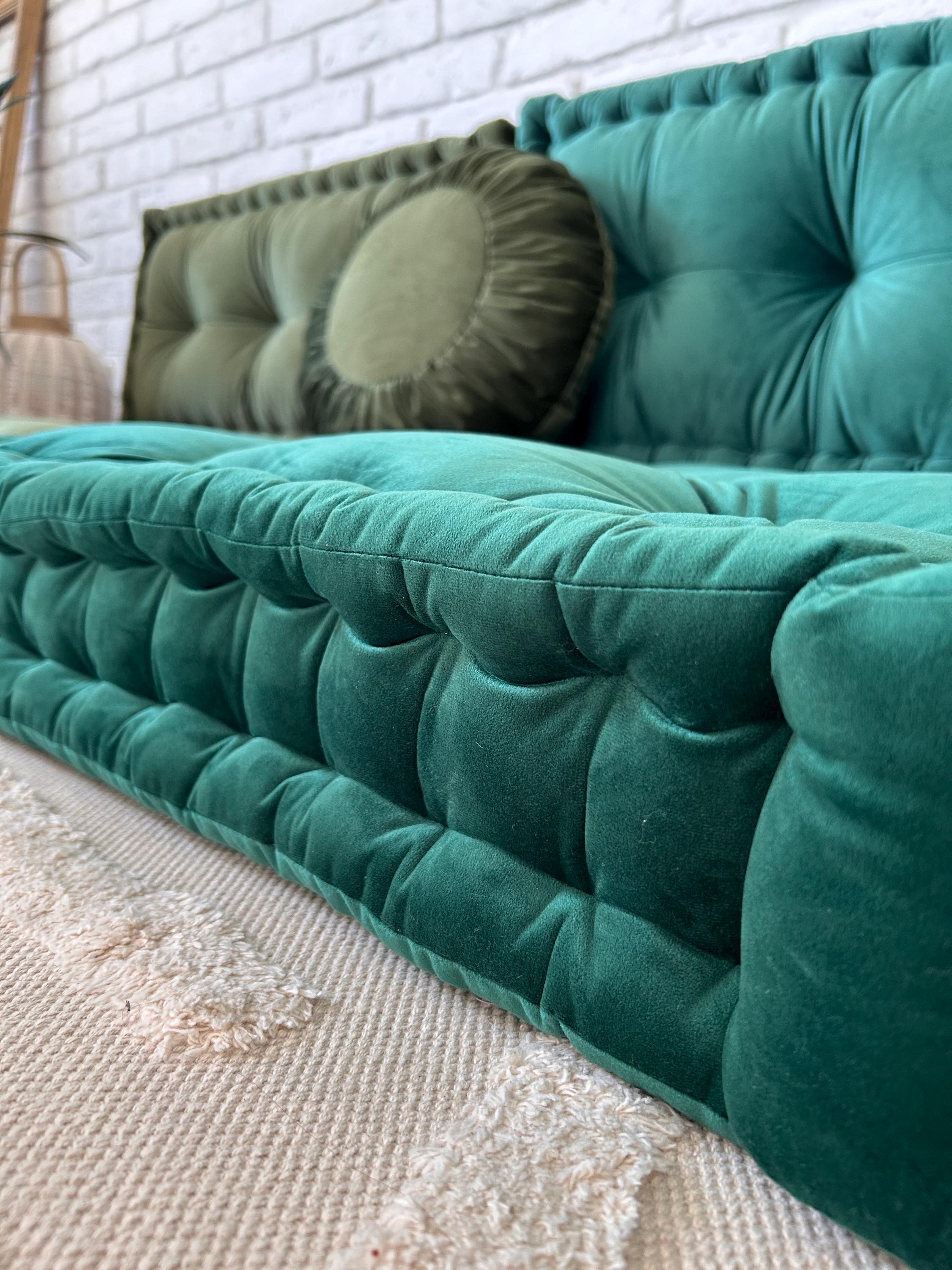 vintage floor cushion　グリーンベージュ Floor Pillow Seating and Backrest, Corduroy Seat Cushion