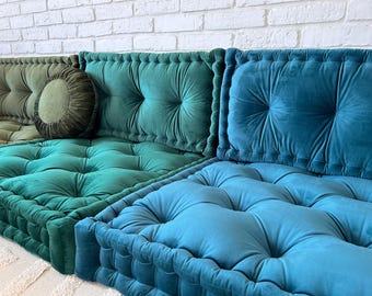 vintage floor cushion　グリーンベージュ Floor Pillow Seating and Backrest, Corduroy Seat Cushion