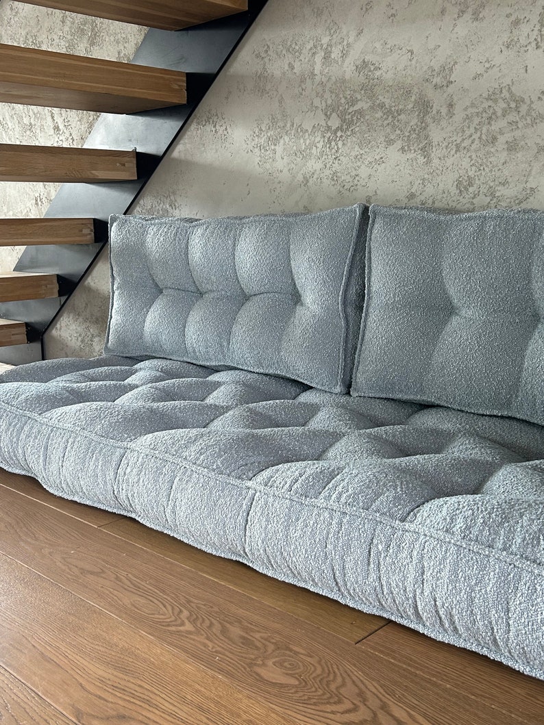 Bodensofa-Bouclé: Sitz mit Rückenlehne, Kissen in Sondergröße, großes und kleines Bodenkissen, französische Bodenmatte Bild 3