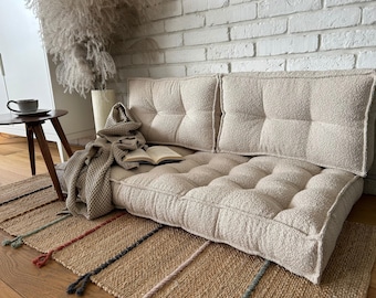 Floor cushion in many colors and sizes, Comfortable floor sofa made of bouclé fabric, cushion for reading corner: seat and backrest