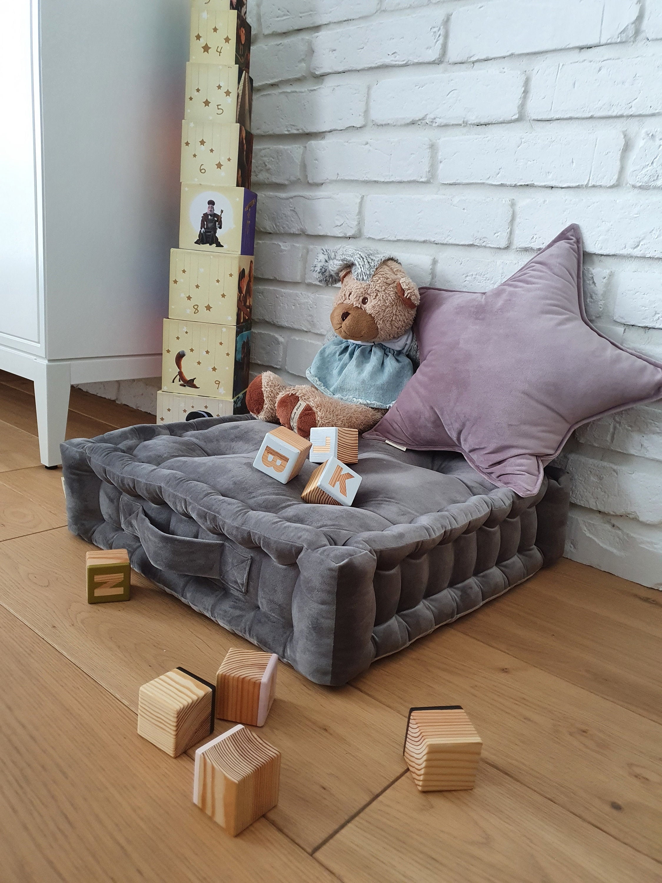 Gray Velvet Pouf – French-style Floor Cushion, Custom-made - Etsy, image size:2250x3000