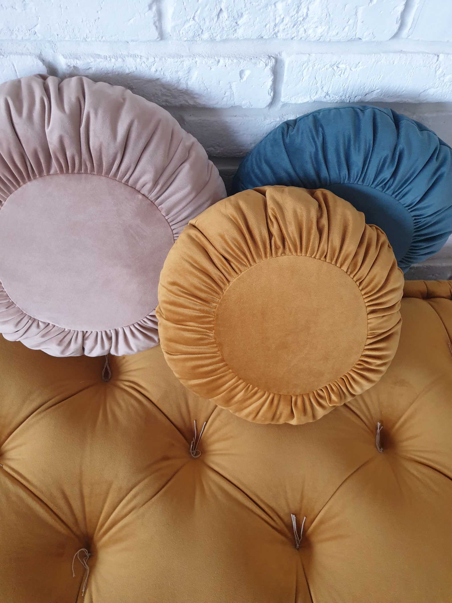 Round Velvet Pillow OCHER Round Cushion GOLD OCHER Etsy