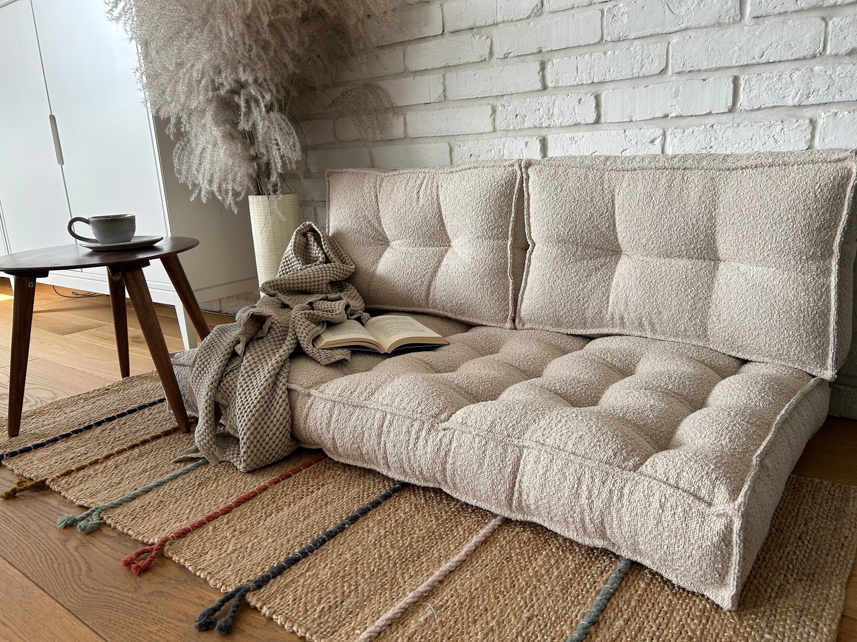 French Boucle Floor Cushion, Floor Sofa: Seat With Backrest, Bench