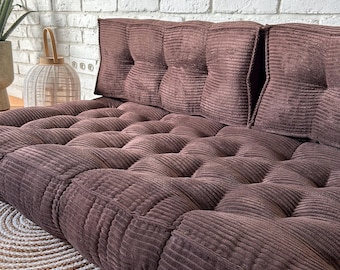 Cord-Bodensofa, Sitz- und Rückenkissen, Fensterkissen, Bankkissen, braunes Bodensofa