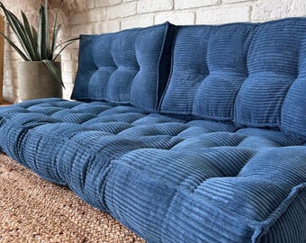 Vloerbank corduroy: zitting met rugleuning, kussen op maat, groot en klein vloerkussen, Franse vloermat, marineblauw vloerkussen