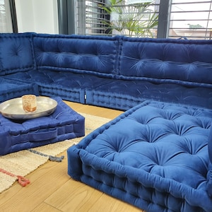 French style floor seat with backrest, Floor modular sofa, cushion sofa, sectional sofa- ROYAL BLUE