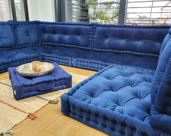 French style floor seat with backrest, Floor modular sofa, cushion sofa, sectional sofa- ROYAL BLUE