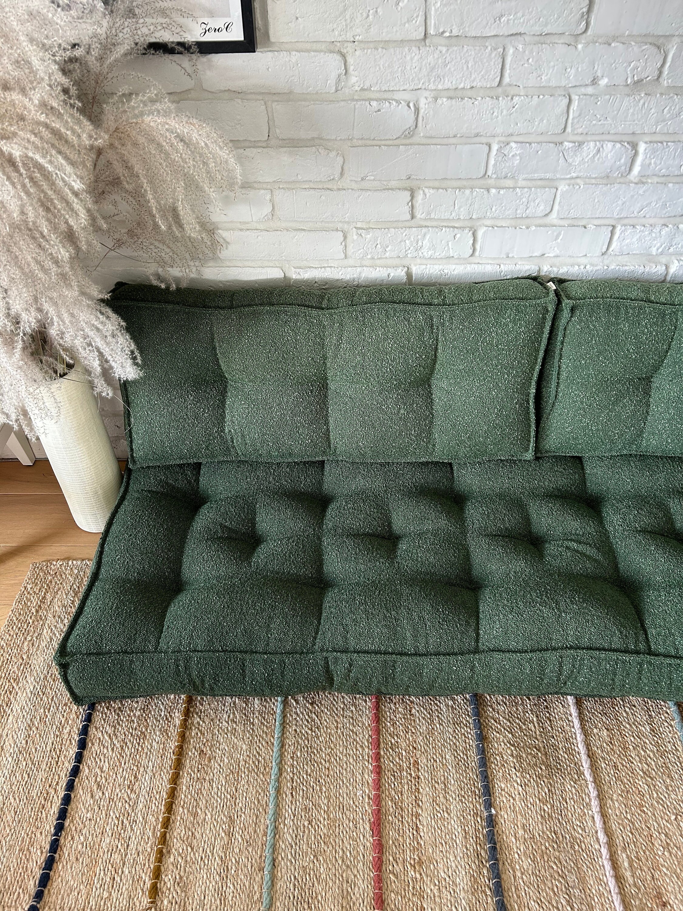 vintage floor cushion　グリーンベージュ Floor Cushion With Green Backrest, Many Colors and Sizes. Custom